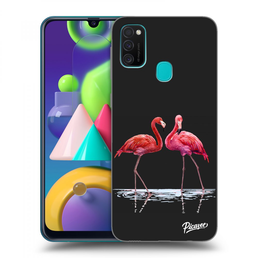 Picasee silikonski črni ovitek za Samsung Galaxy M21 M215F - Flamingos couple