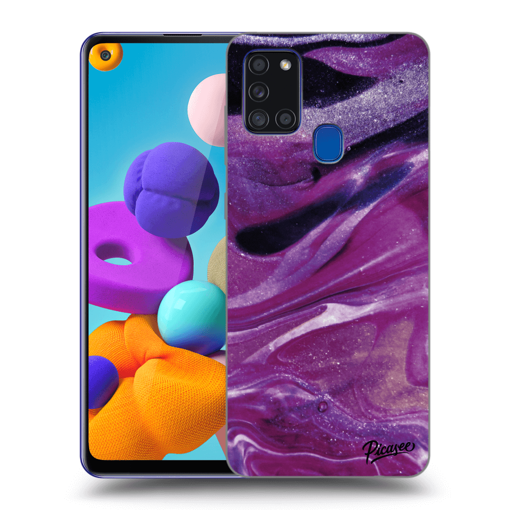 Picasee silikonski prozorni ovitek za Samsung Galaxy A21s - Purple glitter