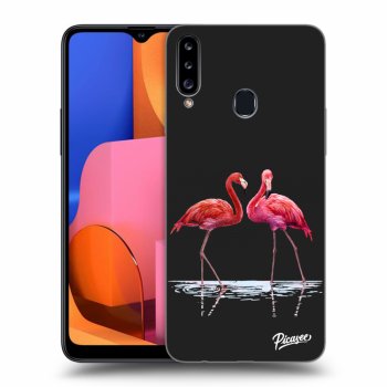 Picasee silikonski črni ovitek za Samsung Galaxy A20s - Flamingos couple