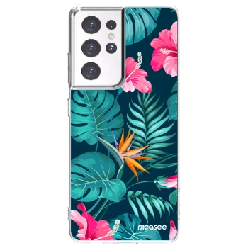 Picasee silikonski prozorni ovitek za Samsung Galaxy S21 Ultra 5G G998B - Pink Monstera